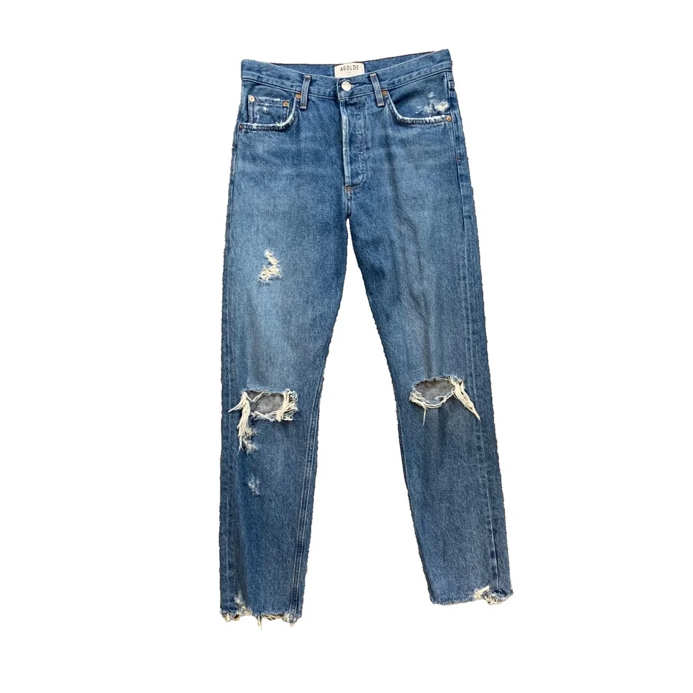 Agolde Jeans Womens 27 Denim Jamie High Rise Distressed Straight Leg Raw Hem